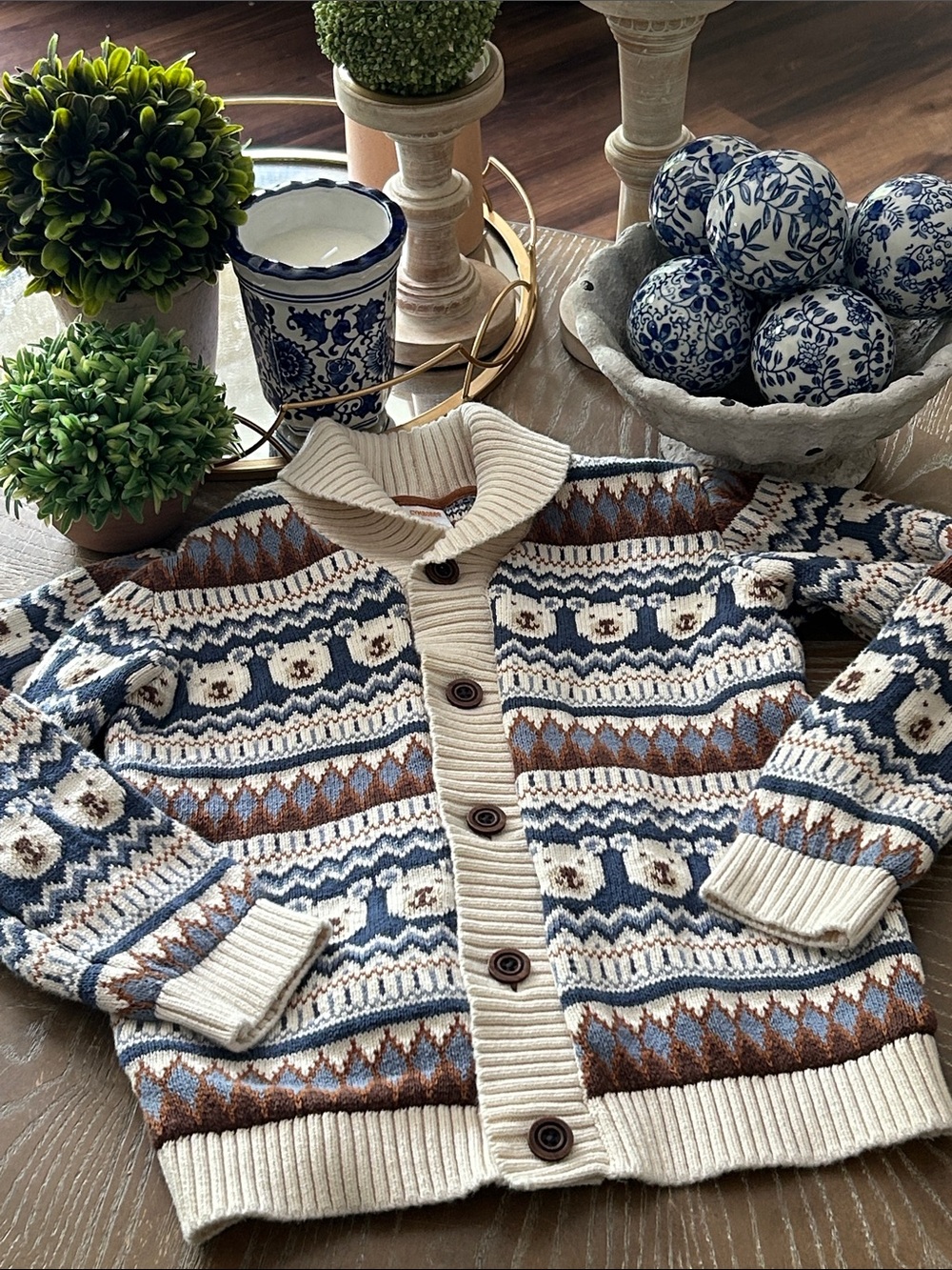 Gymboree Cozy Cream & Blue Fair Isle Teddy Bear Button Cardigan size 8